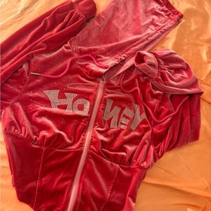 Red Velour Hoodie with Rhinestone Detail